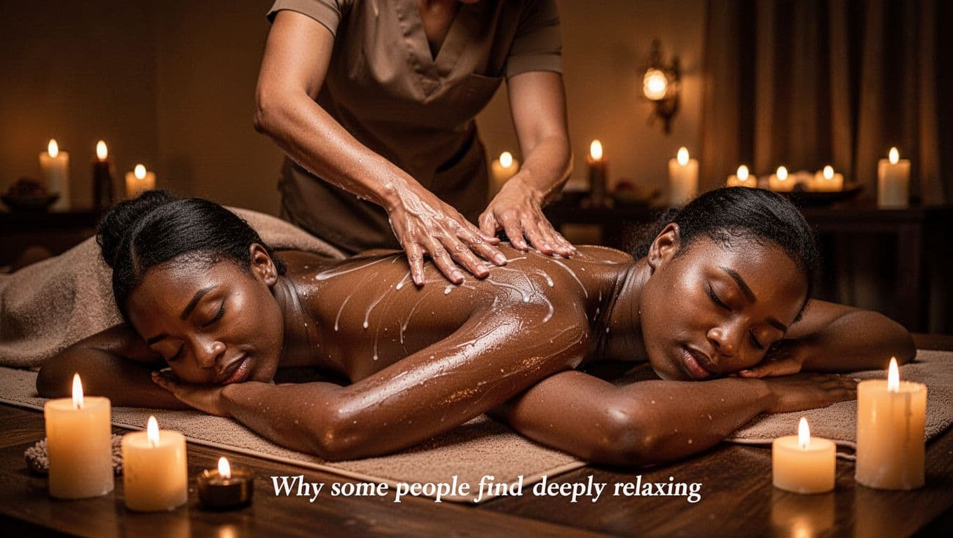 In a warm, dimly lit Nairobi spa, a female therapist applies smooth gliding Nuru massage with gel sheen on a client lying face down on a waterproof mat, conveying deep calm and relaxation.