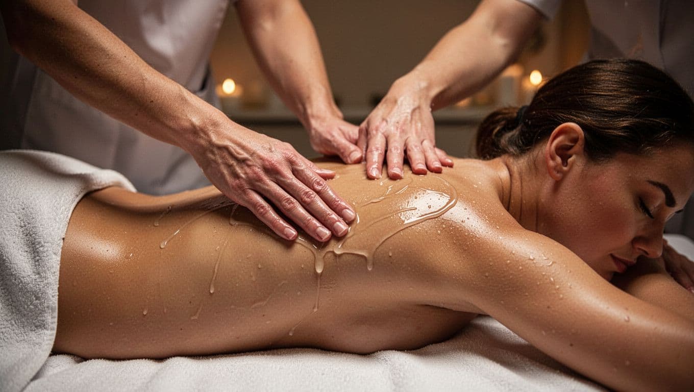 Close-up of a therapist's hands gently applying warm Nuru gel on a client lying face down on a massage table in a serene spa setting with soft ambient lighting and cinematic style.