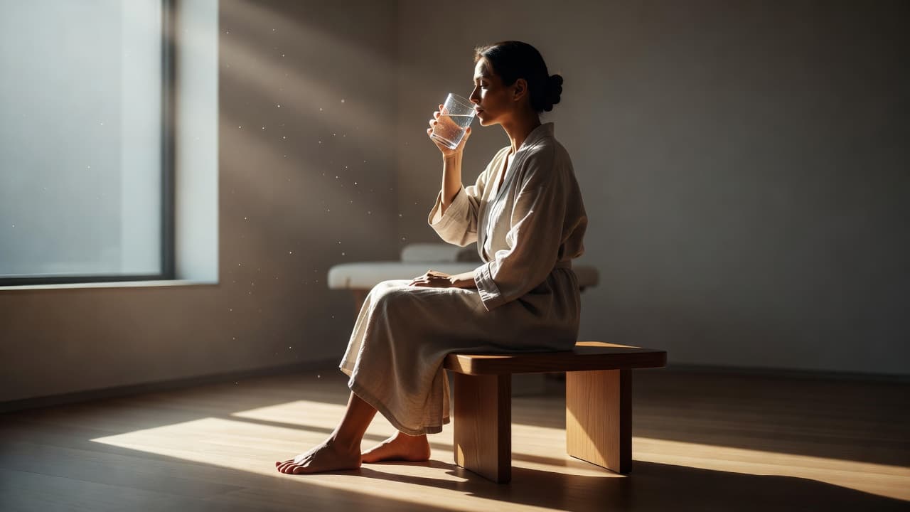 A calm individual sits in a sunlit lounge holding a clear glass of water. The tranquil space features soft natural lighting that creates dramatic shadows against a clean, minimalist interior background.