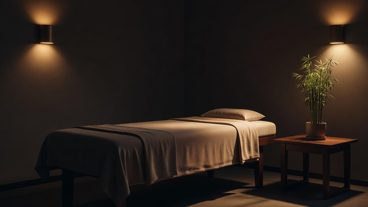 An unmade massage table sits centered with neutral linens under soft amber wall sconce lighting. A delicate bamboo plant rests on a side table, creating a tranquil atmosphere with deep shadows.