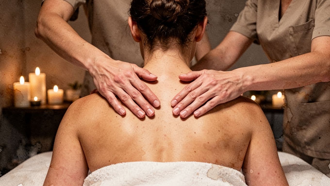 A close-up watercolor illustration of a person receiving a gentle shoulder massage in a dimly lit spa room with candles, shoulders visibly relaxing as stress melts away, featuring warm earth tones and soft brush textures.