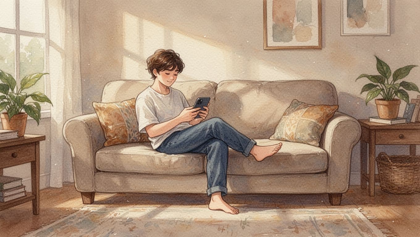 A relaxed individual lounges on a comfortable sofa while checking a mobile phone in a dimly lit room. The watercolor style features soft brushstrokes and warm, earthy interior tones throughout.