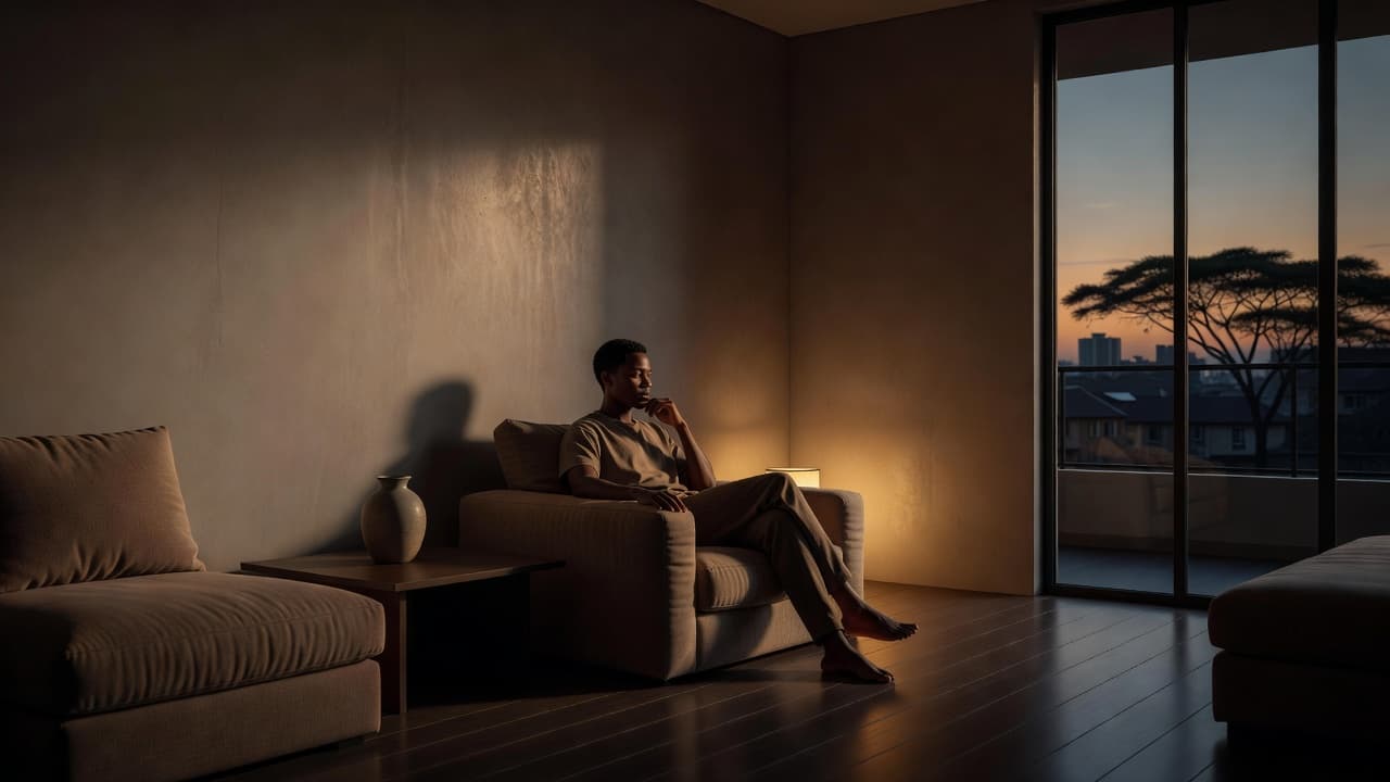 A thoughtful person sits on a sleek, neutral-toned bench inside a minimalist spa lounge. Warm ambient lighting highlights the soft textures of the room while creating deep, dramatic cinematic shadows.