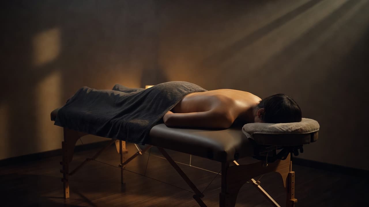 A person relaxing comfortably on a massage table in a dimly lit spa room.