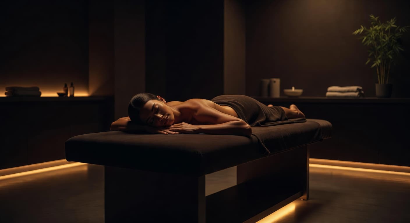 A person lies comfortably on a padded table within a dim, tranquil room. Warm accent lighting highlights the peaceful atmosphere while shadows create a sense of deep, quiet restoration.
