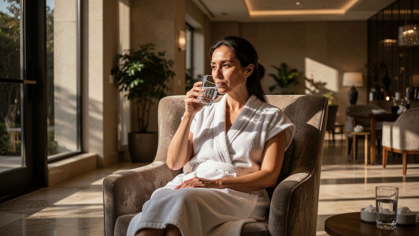 A woman sits in an upholstered armchair within a dim, elegant spa lounge, holding a glass of chilled water. Soft golden highlights illuminate her calm face against the dark, textured walls.