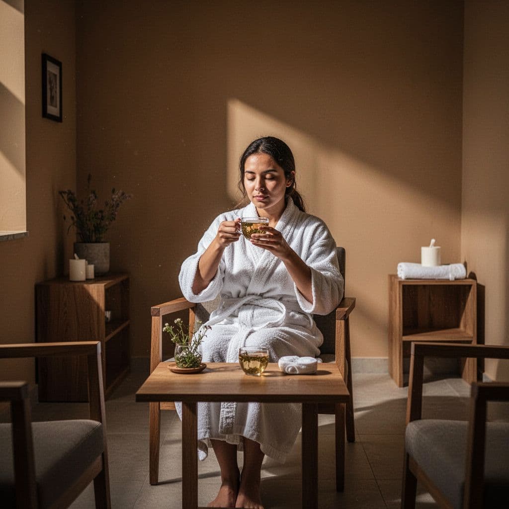 A person sits comfortably in a minimalist spa lounge filled with warm, ambient lighting. A small ceramic cup of herbal tea rests on a low wooden side table nearby.