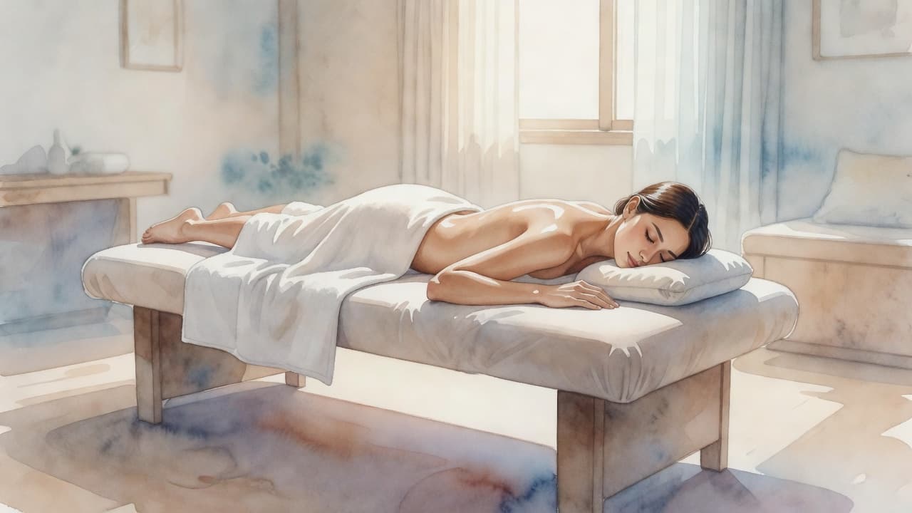 A person lies comfortably on a professional massage table within a dimly lit, tranquil room. Soft, flowing watercolor textures and visible brush strokes emphasize the serene atmosphere of physical healing relief.