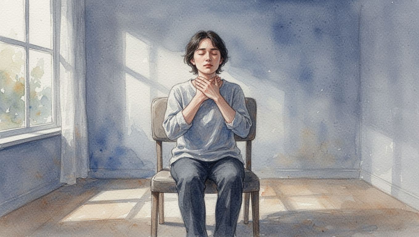 A person sits in a dimly lit room, gently massaging their neck with both hands to alleviate tightness. Soft watercolor hues transition from cool blues to warm amber around the shoulders.