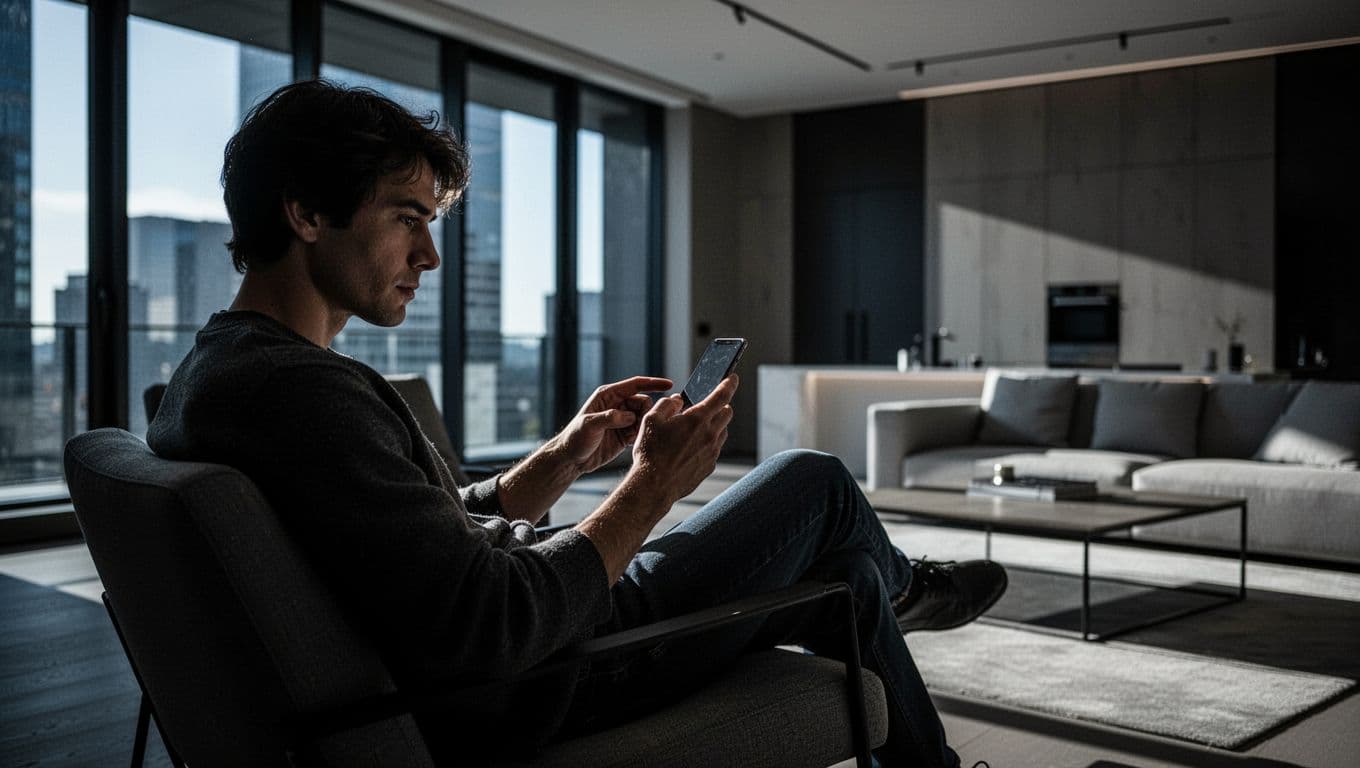 A person privately browsing a digital directory on a smartphone in a modern apartment.