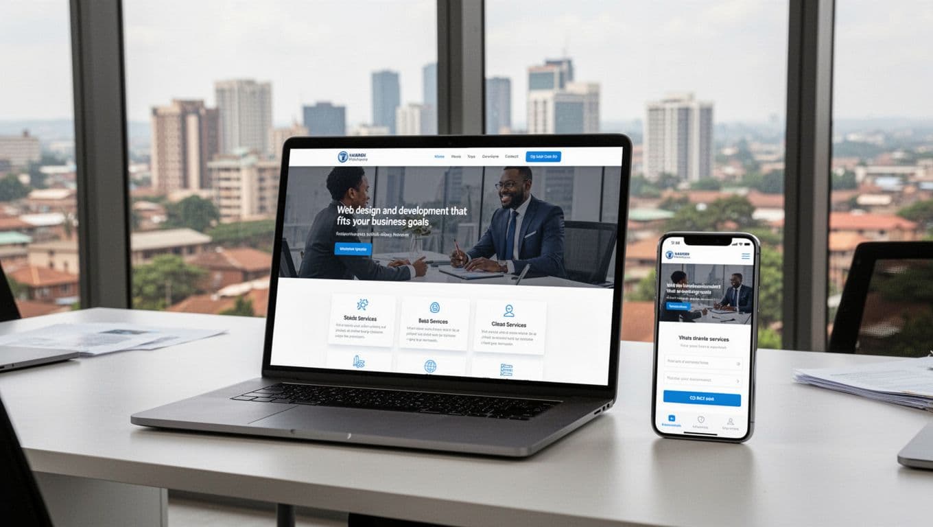 Professional business website displayed on a laptop screen and adjacent smartphone, featuring responsive design, clean layout, services section, and contact button. Modern office desk setup with Nairobi city view in background, natural daylight, realistic photography style, no text on screens, exactly two devices, no people.
