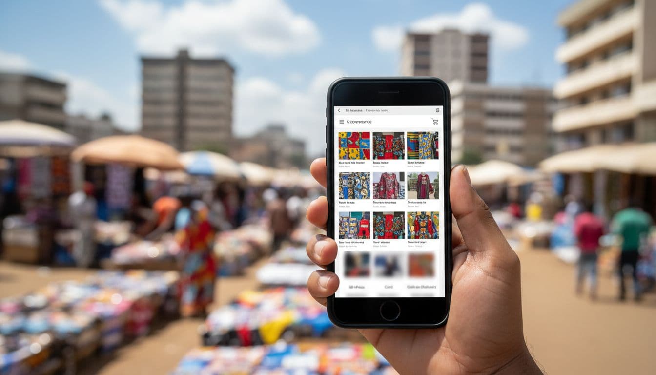 Photorealistic image of a relaxed hand holding a smartphone displaying a responsive e-commerce website with product listings, shopping cart icon, and blurred payment options, set against vibrant daylight Nairobi city market background.