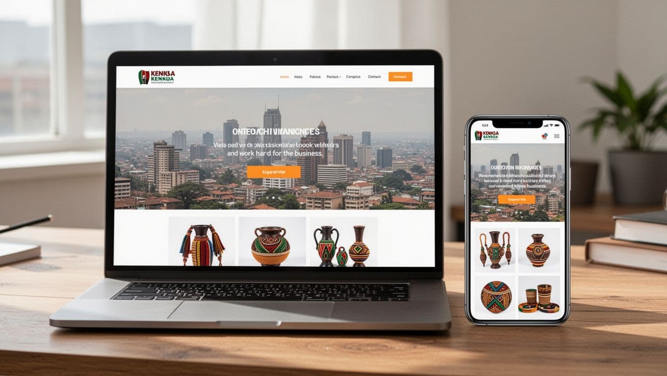 Modern professional Kenyan business website interface displayed on a laptop and smartphone side by side on a wooden desk, with clean design, Nairobi cityscape, and local crafts showcase in bright natural light.