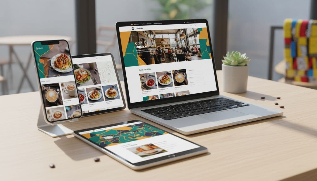 Modern responsive website mockup for a Kenyan small business cafe, displayed on phone, tablet, and laptop with clean layout, product images, contact form, vibrant colors, and professional photography style in bright daylight. Devices positioned at slight angles, no readable text on screens or people present.