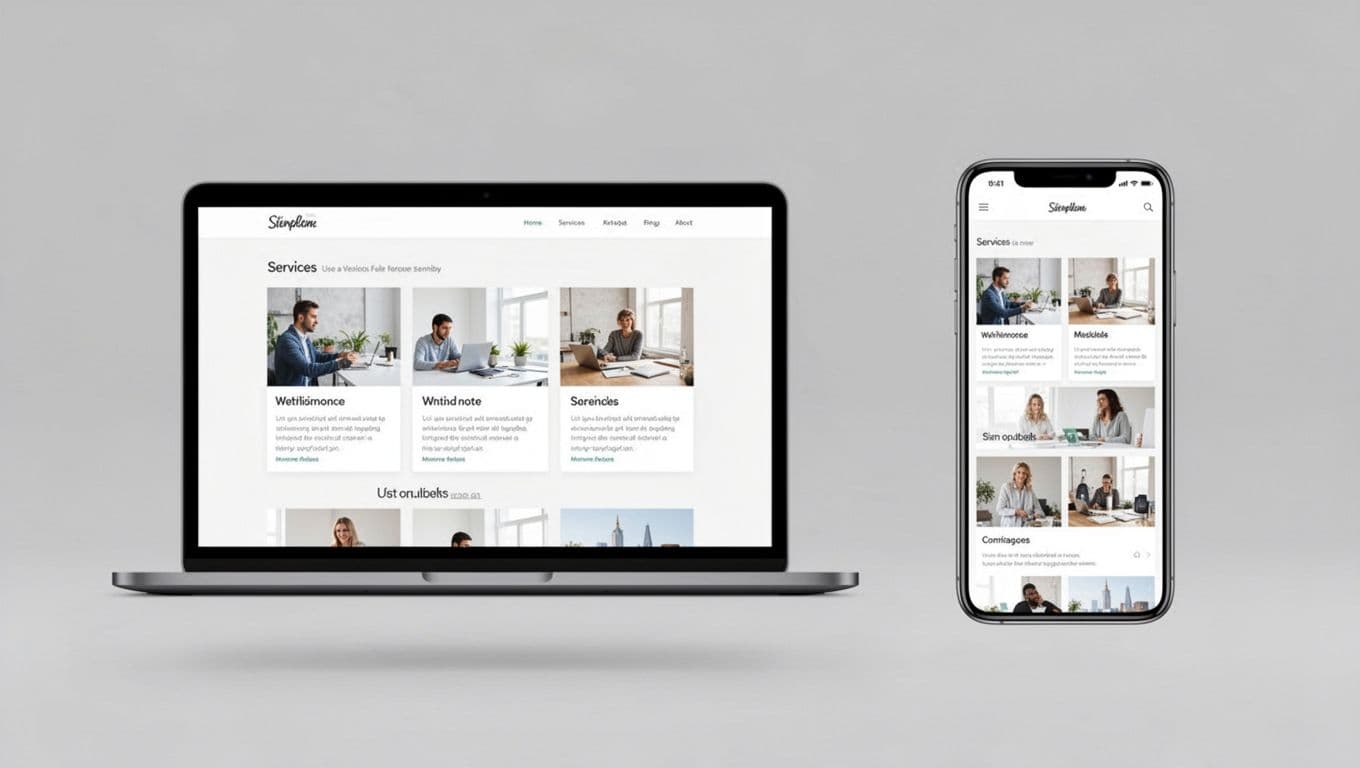 Photorealistic side-by-side comparison of a laptop screen showing a three-column website layout and a smartphone screen with the same layout stacked into a single clean column, on a neutral gray background with soft lighting.