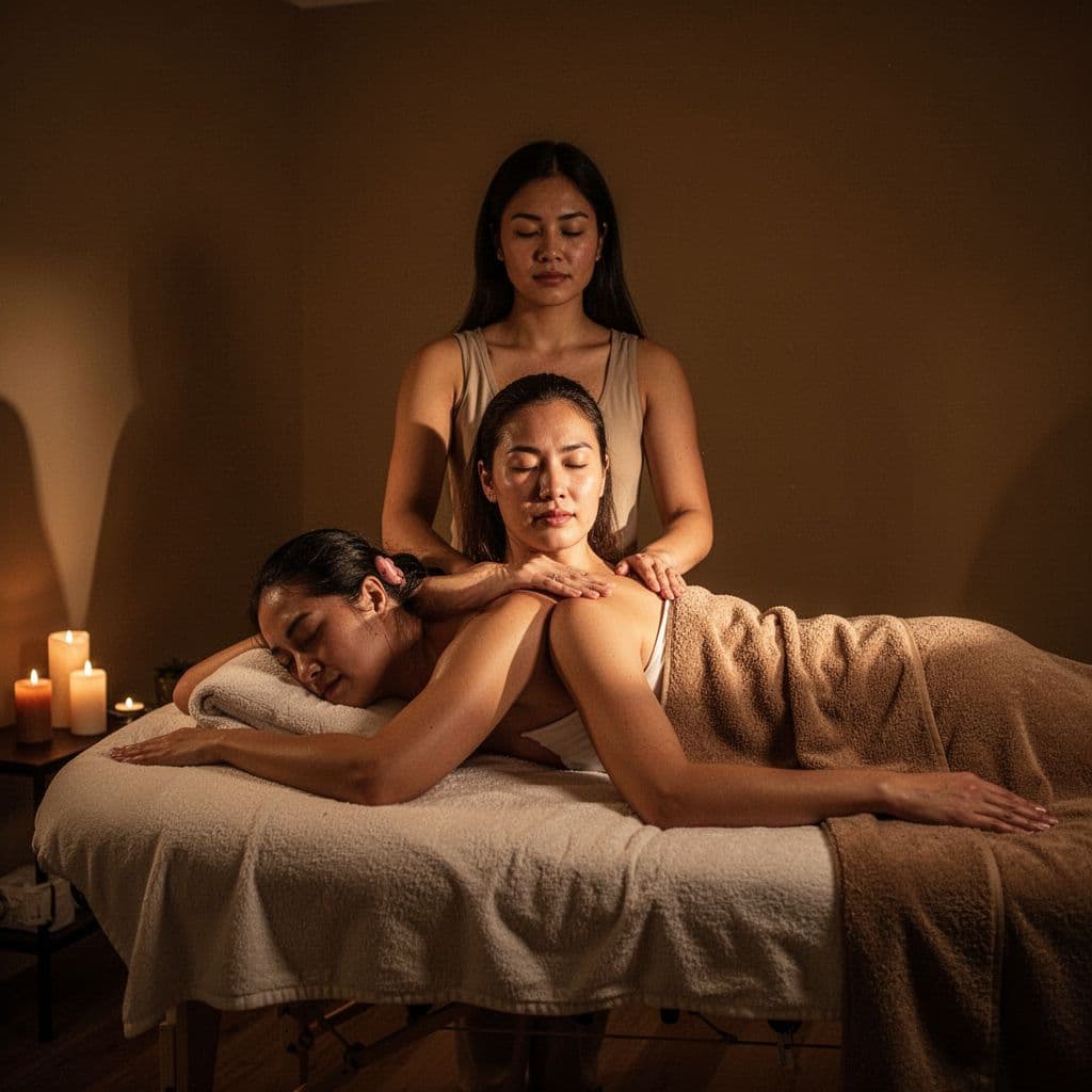 A person sits with eyes closed in a serene room bathed in soft amber light. Deep shadows frame their relaxed posture, highlighting the calm atmosphere of this restorative health experience.
