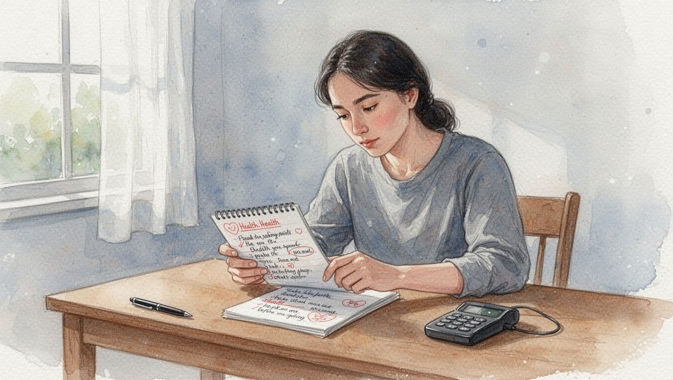 A person at home calmly reviews health notes on a notepad before booking a massage, with a focused expression at a simple wooden desk featuring a pen and phone, rendered in watercolor style with soft blending, brush texture, and daylight.
