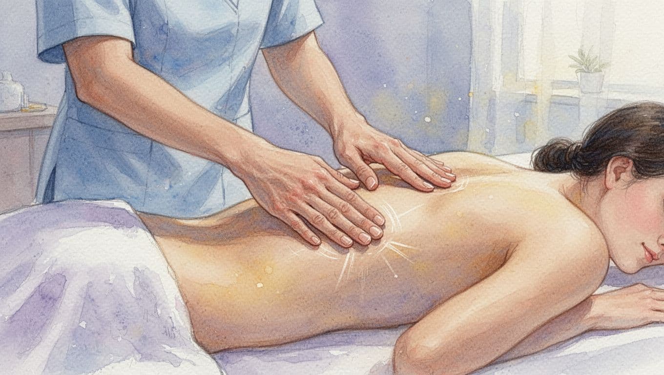 Massage therapist's hands apply rhythmic tapotement tapping to a client's lower back in a serene spa room with gentle lighting and watercolor style featuring pastel blues, lavenders, and warm yellows.