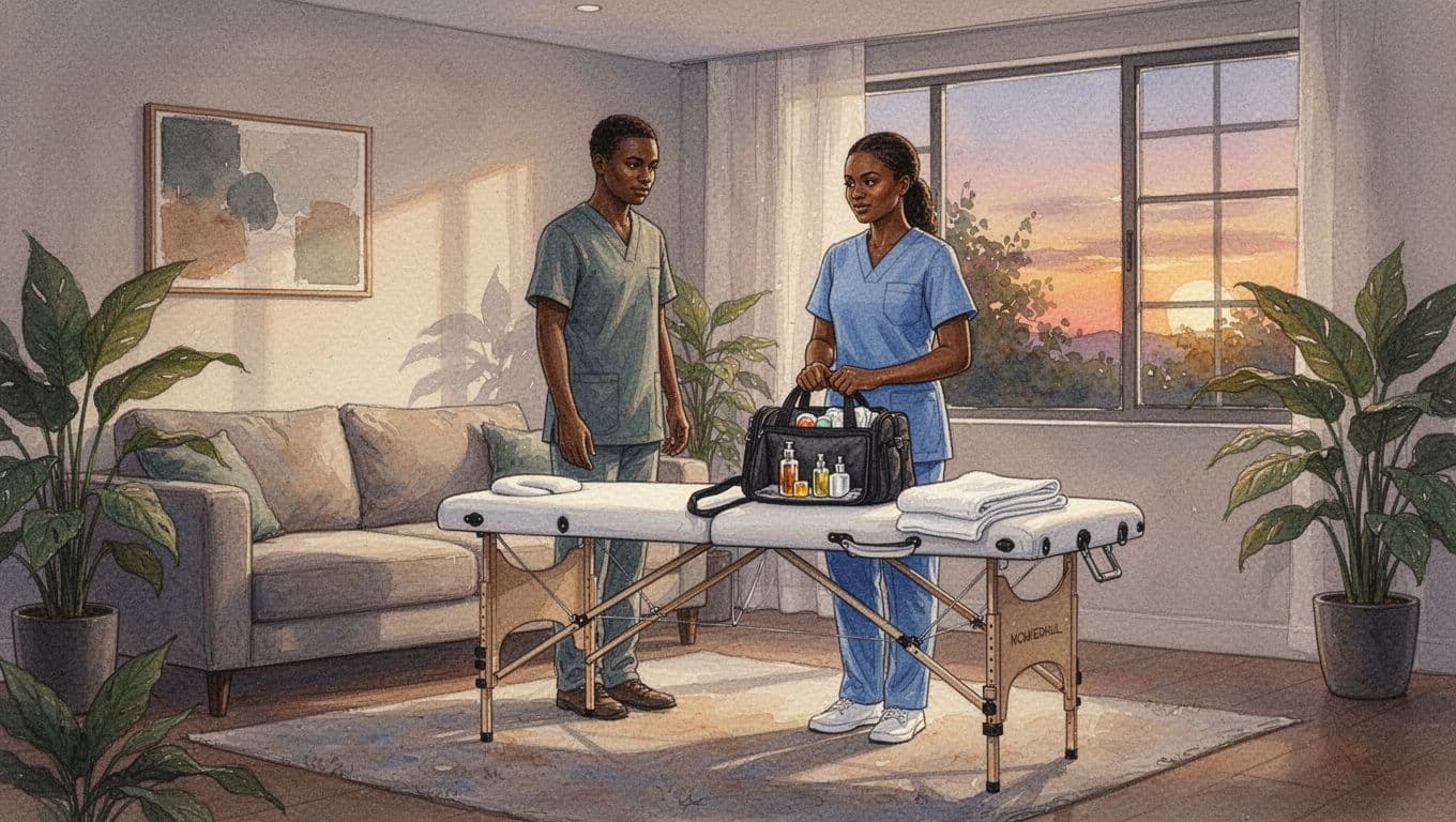 A mobile massage therapist arrives at a home in Roysambu, Nairobi, carrying a professional kit bag with towels and oils, setting up a portable table in a modern living room with warm evening light.