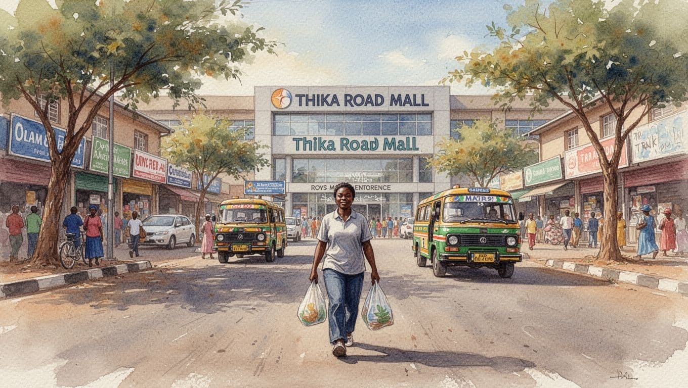 Watercolor style with soft blending and visible brush texture showing a busy daytime street in Roysambu, Nairobi near Thika Road Mall entrance. One relaxed resident walks towards the mall carrying a light shopping bag, with a matatu in the background, urban shops, trees, and warm natural sunlight.