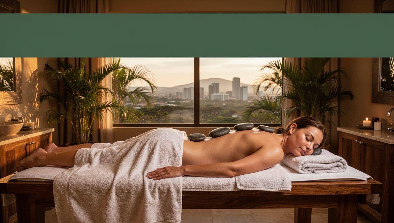 Serene spa room at Rubi Massage & Spa in Nairobi Kenya features a massage table with hot basalt stones on a draped client under warm golden lighting and tropical plants with city skyline view. Bold 'Rubi Excellence' headline in geometric sans-serif on dark-green band at top.