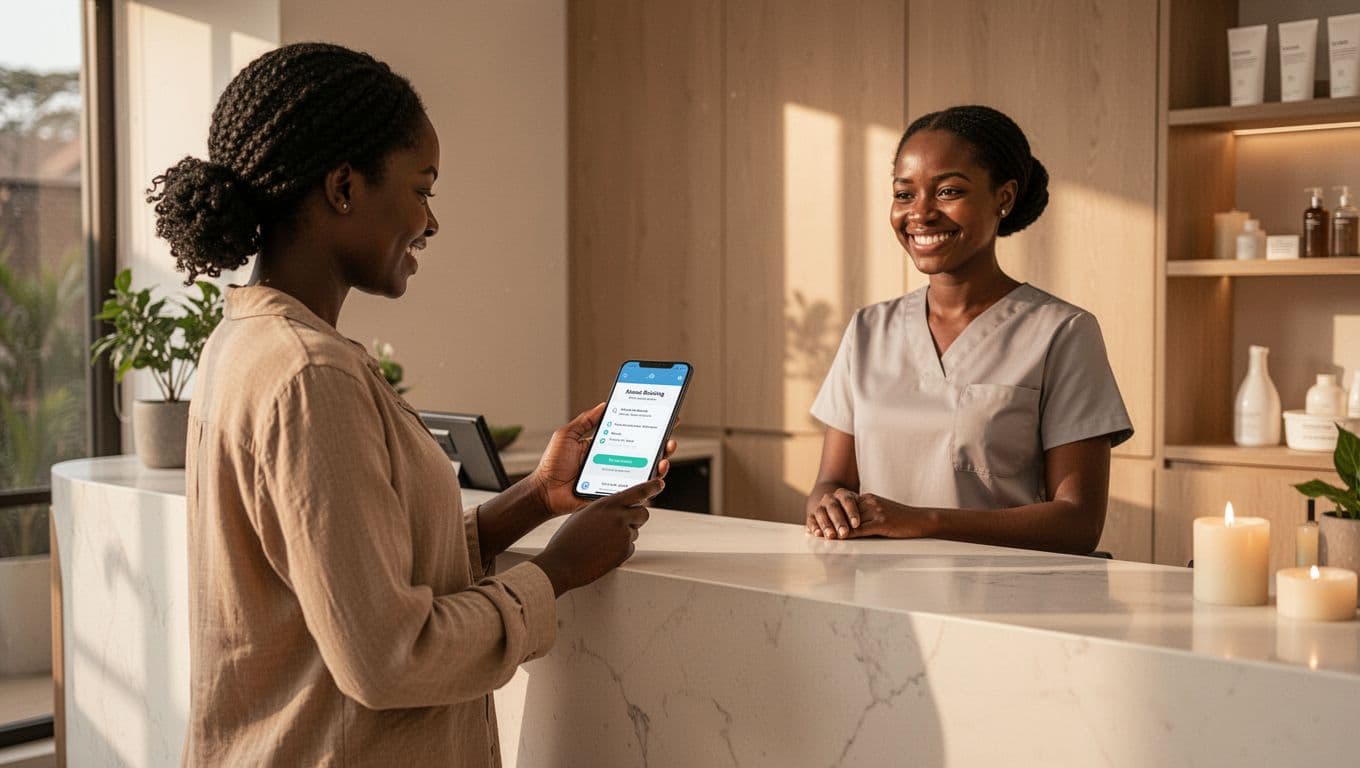 Relaxed client holds smartphone to check massage booking confirmation at modern Nairobi Rubi Massage spa reception desk, with smiling therapist nearby in soft warm lighting and professional setting.