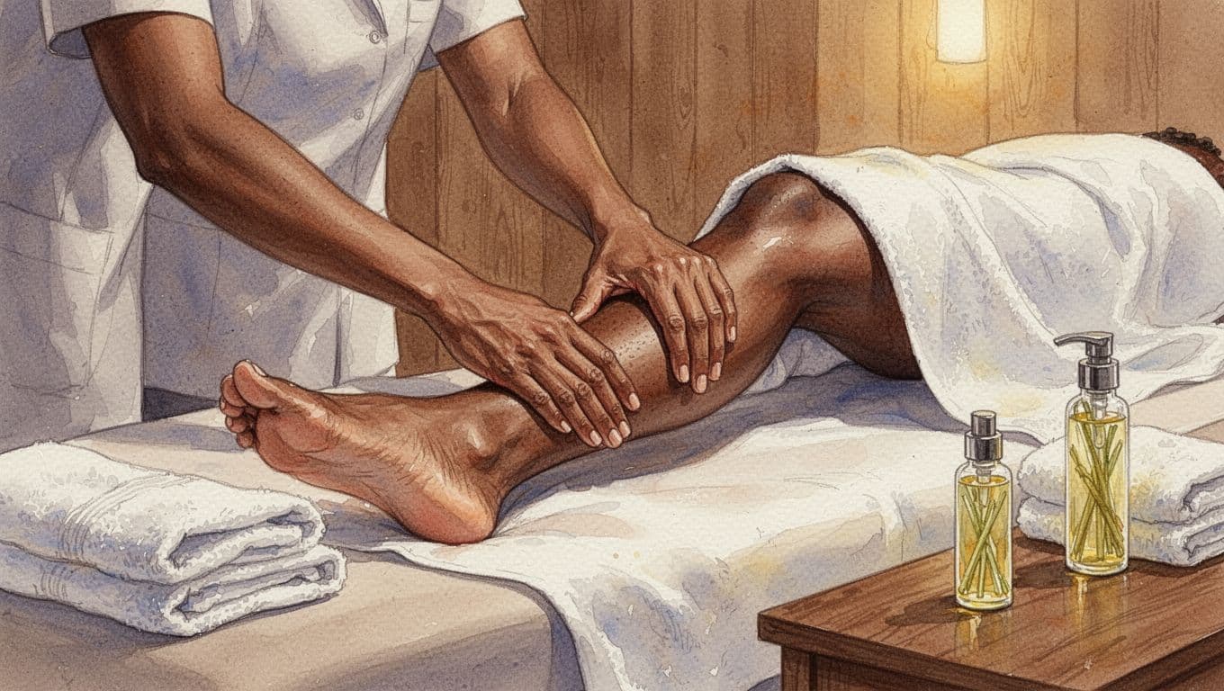 Therapist applying deep pressure to a runner's tight calf muscle on a massage table in a serene Nairobi spa room with wooden elements, lemongrass oil, and warm lighting, in watercolor style with soft blending.