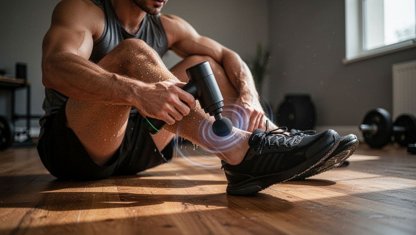 A sweaty runner sits on the home gym floor after a workout, pressing a massage gun on their calf muscle with motion blur effects, in a cinematic style with dramatic lighting and depth of field focused on lower leg recovery.