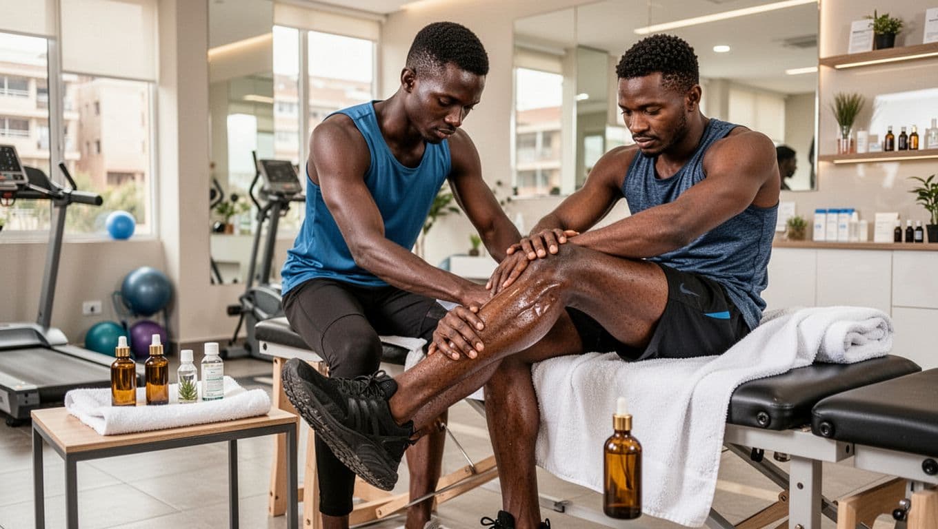 An athletic runner receives targeted sports massage on lower legs and calves from a therapist in a bright modern gym-spa hybrid room in Nairobi, with recovery oils and natural daylight.