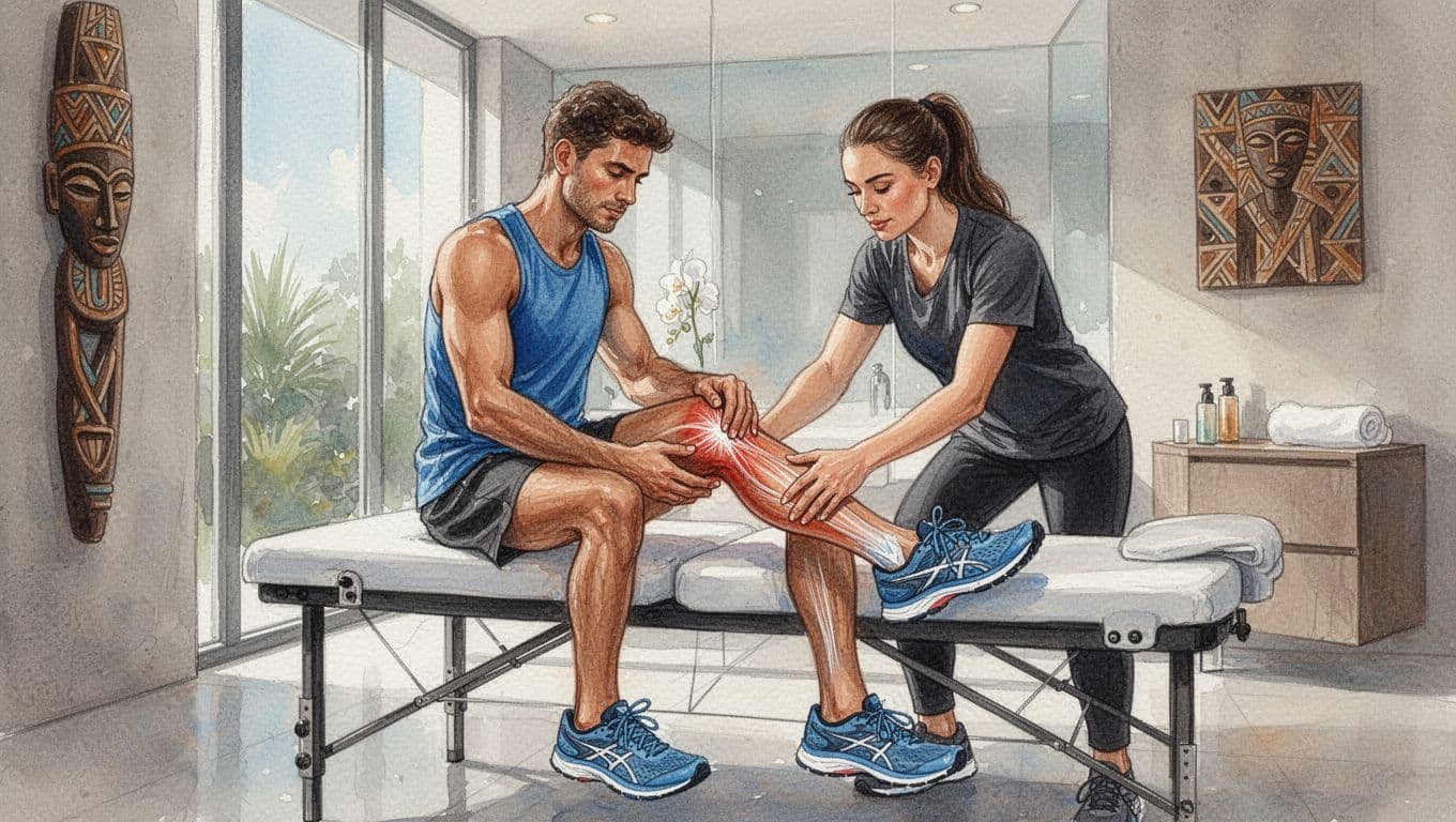 An athletic runner receives targeted sports recovery massage on calves and hamstrings from a therapist in a modern Nairobi spa, with running shoes nearby and an active lifestyle vibe, rendered in watercolor style.