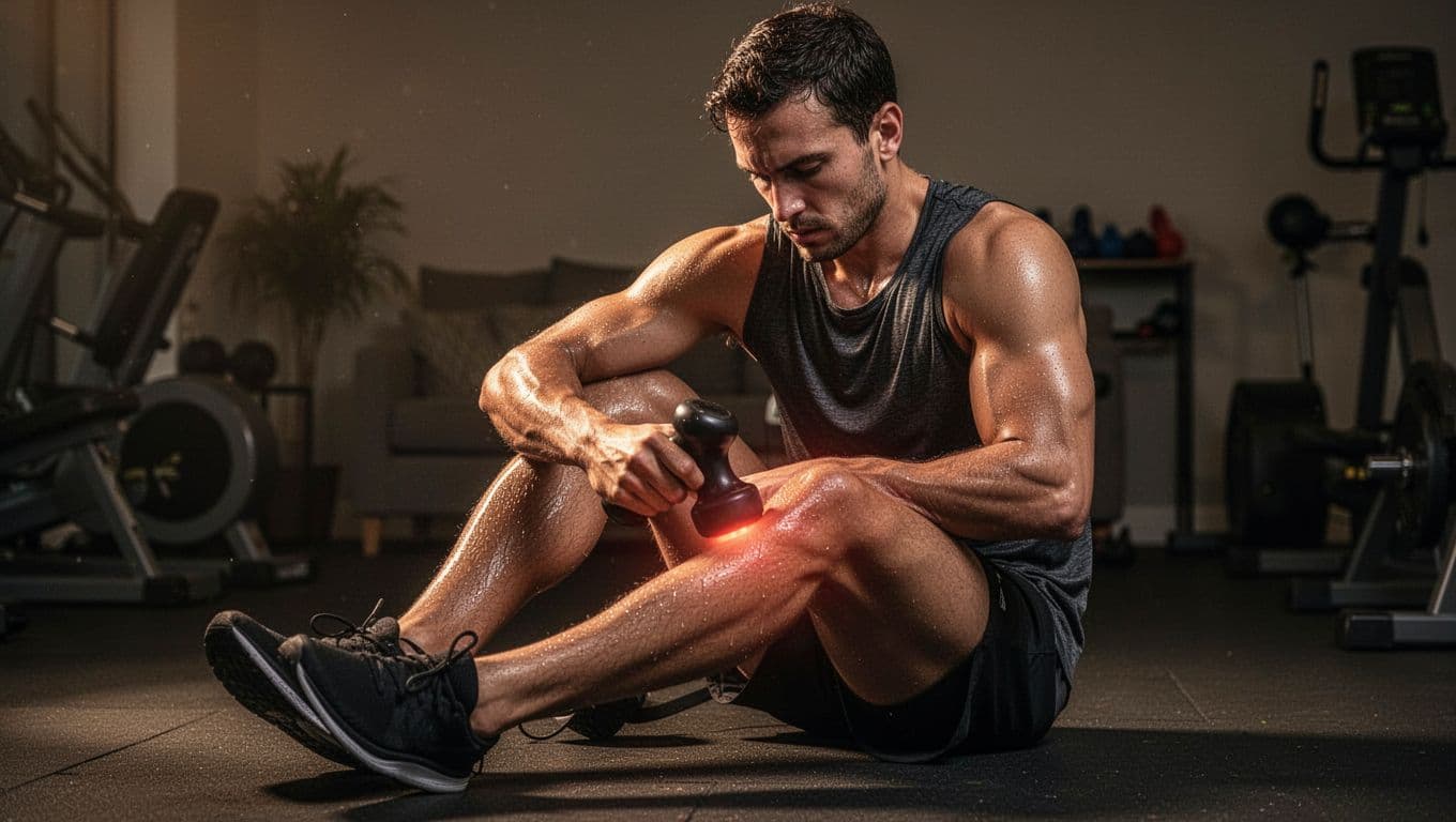 Athlete runner in dimly lit home gym after intense workout, sitting on floor pressing massage gun against sore quads with visible sweat and motion blur, dramatic cinematic lighting.