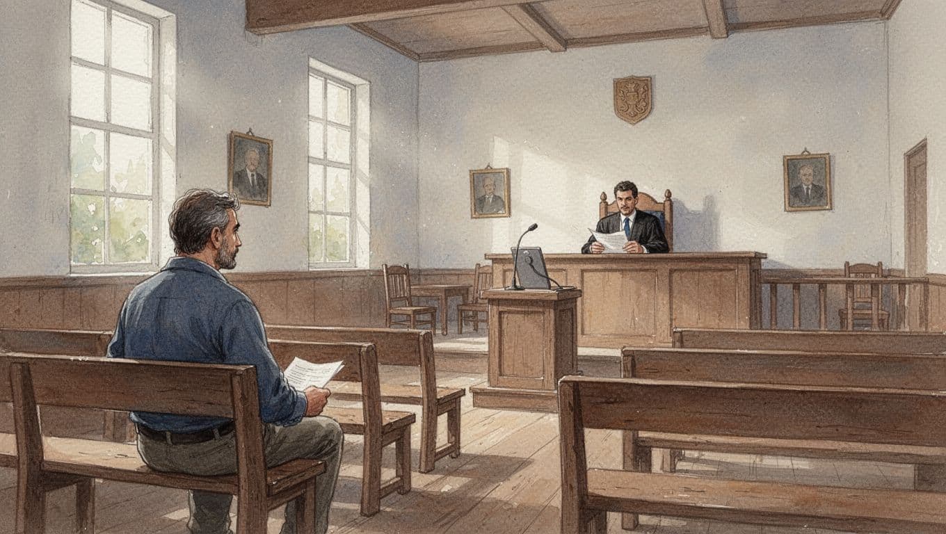 Kenyan adult man seated in public gallery of rural Kenyan courtroom, observing advocate at podium arguing case before judge, watercolor style with soft blending, earth tones, and focused composition.