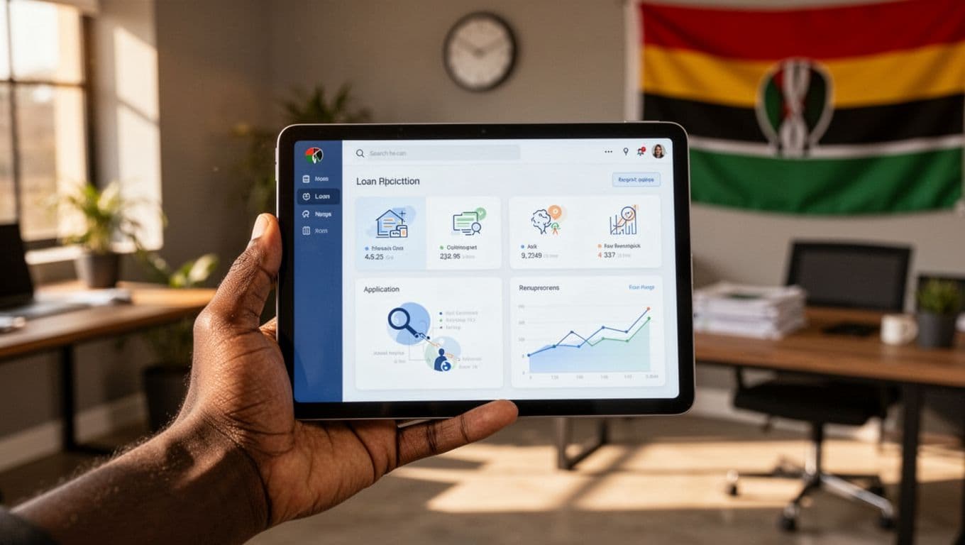 A relaxed hand holds a tablet displaying a SACCO loan application dashboard, set in a Kenyan office background with subtle flag and warm lighting.