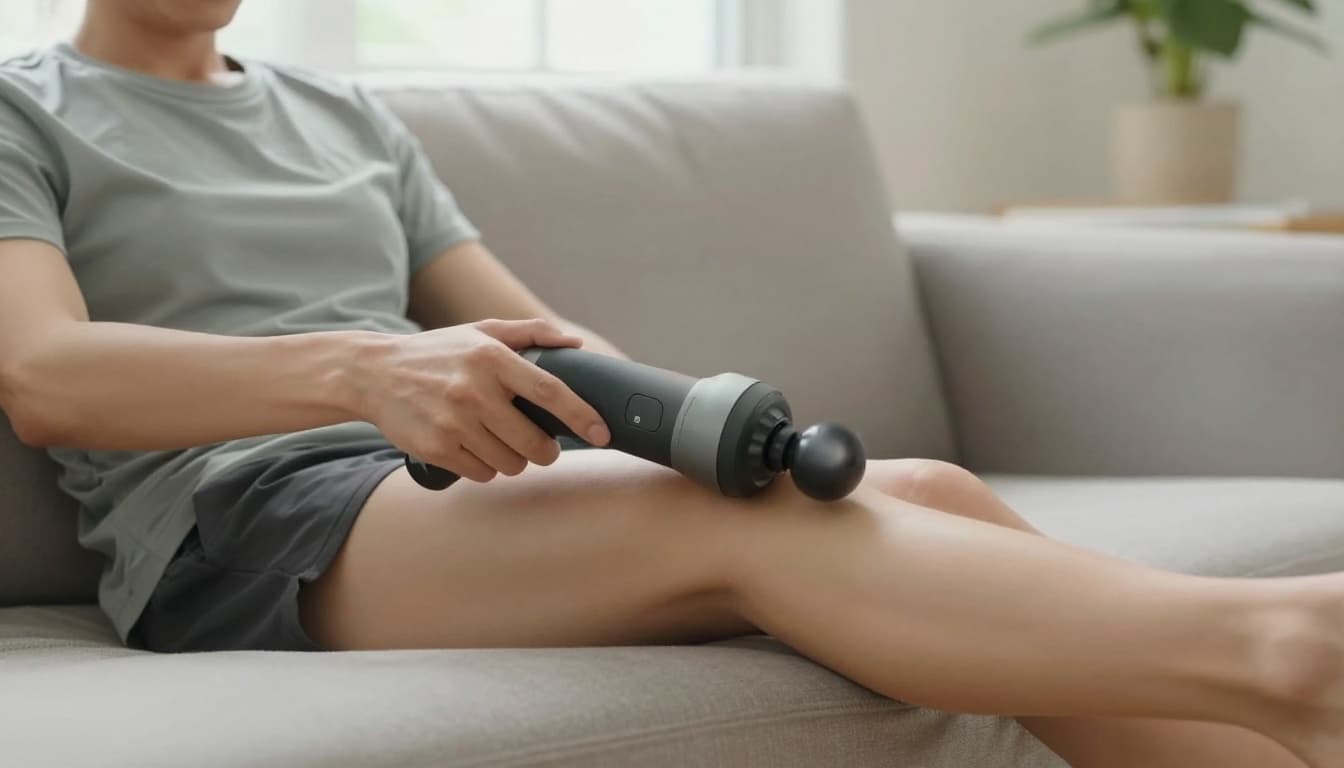 Massage Gun Guide: Benefits, Safe Use, and How to Choose One 4 Person sitting comfortably on a couch in a living room, gently gliding a handheld massage gun over their calf muscle at low speed with a relaxed expression, demonstrating safe beginner technique.