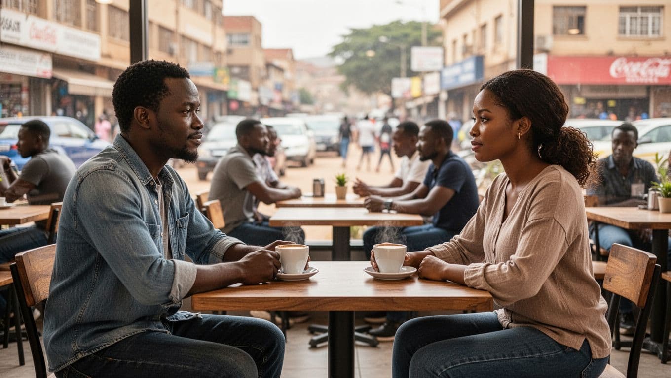 A man and woman in casual clothes sit at adjacent tables in a busy, well-lit daytime cafe in Kilimani, Nairobi, sharing their initial public meeting with coffees, relaxed postures facing each other, blurred street and patrons in background.