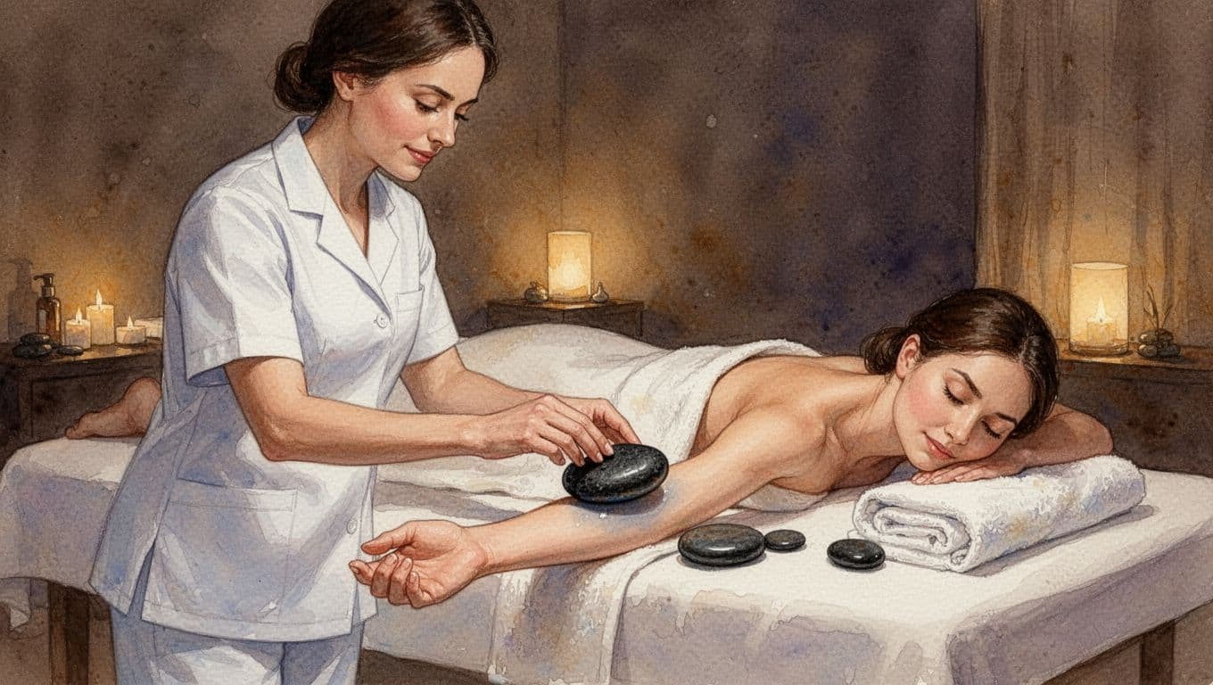 Therapist in white uniform carefully tests temperature of smooth black basalt stone on inner forearm, with client prone on massage table in serene spa room, watercolor style.