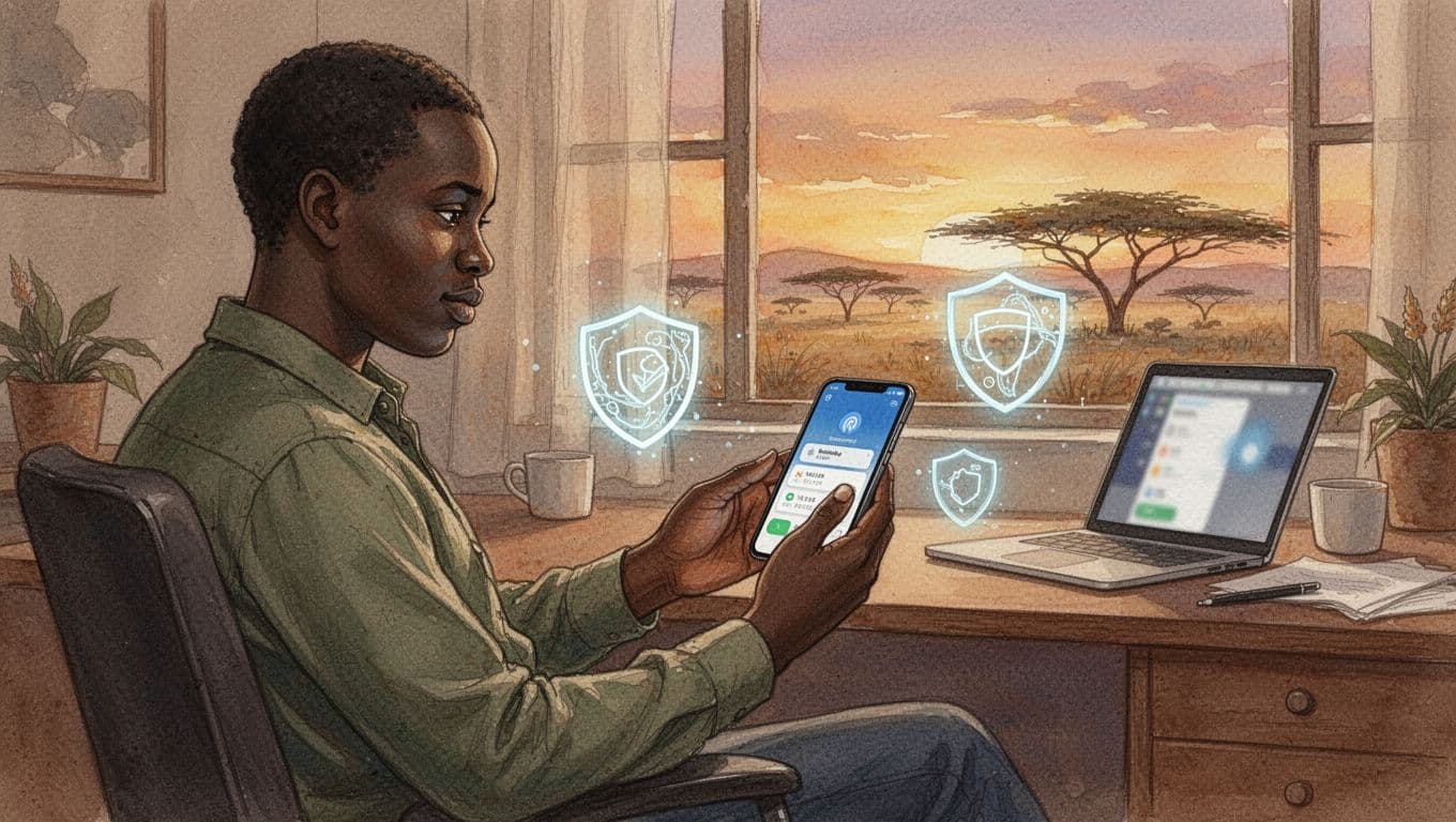 Watercolor-style illustration of a Kenyan adult in a cozy Nairobi home office at sunset, safely checking M-Pesa notifications on a smartphone with faint security shield and padlock icons nearby.