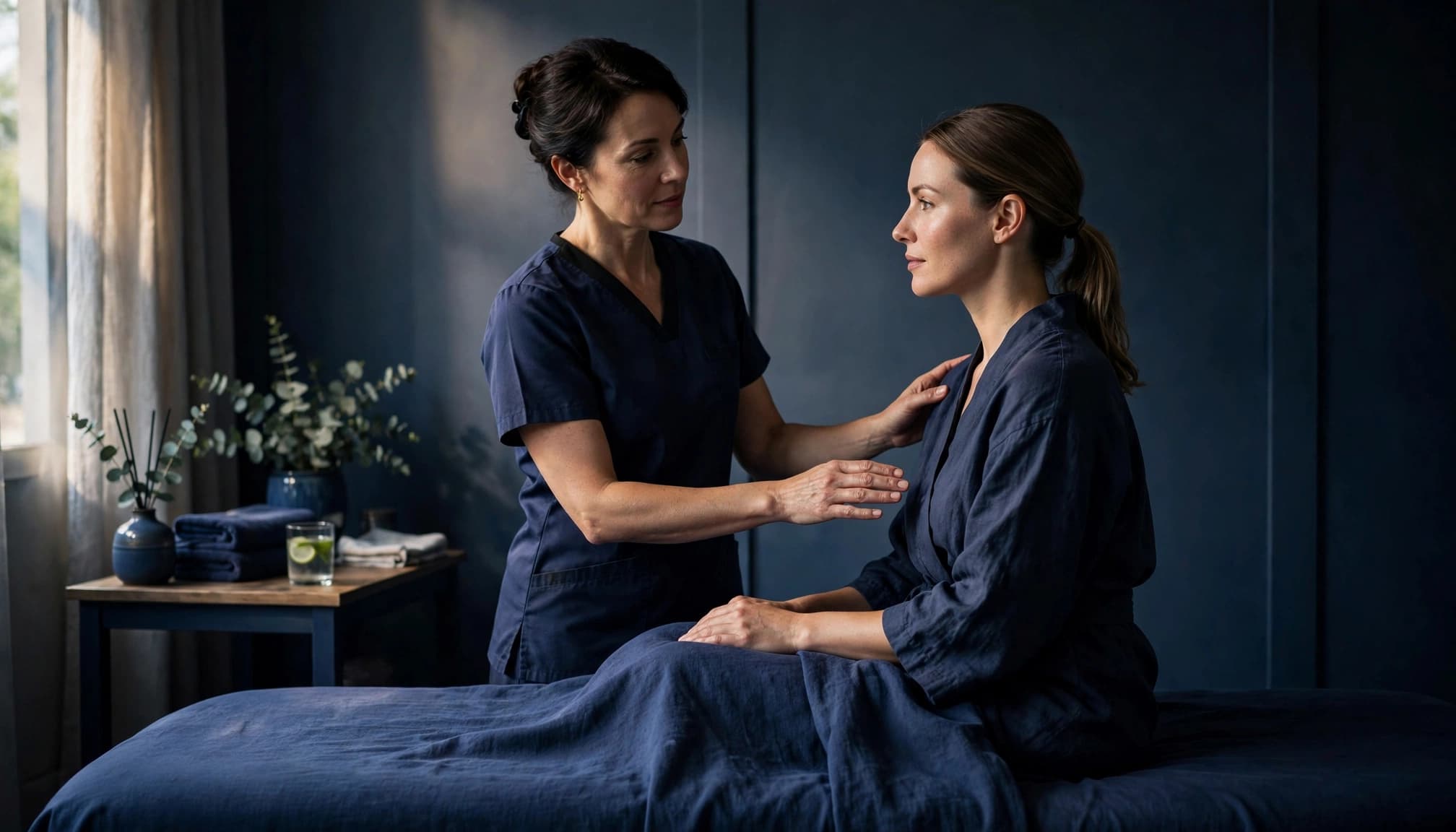 A client discusses massage safety with a therapist beside an indigo-covered table.
