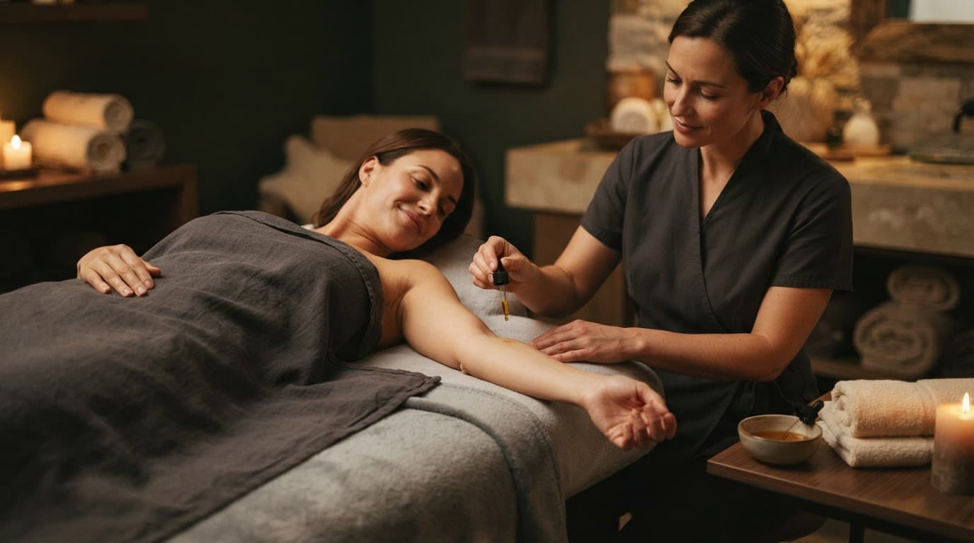 Therapist tests oil temperature on a client's forearm in a calm spa room.