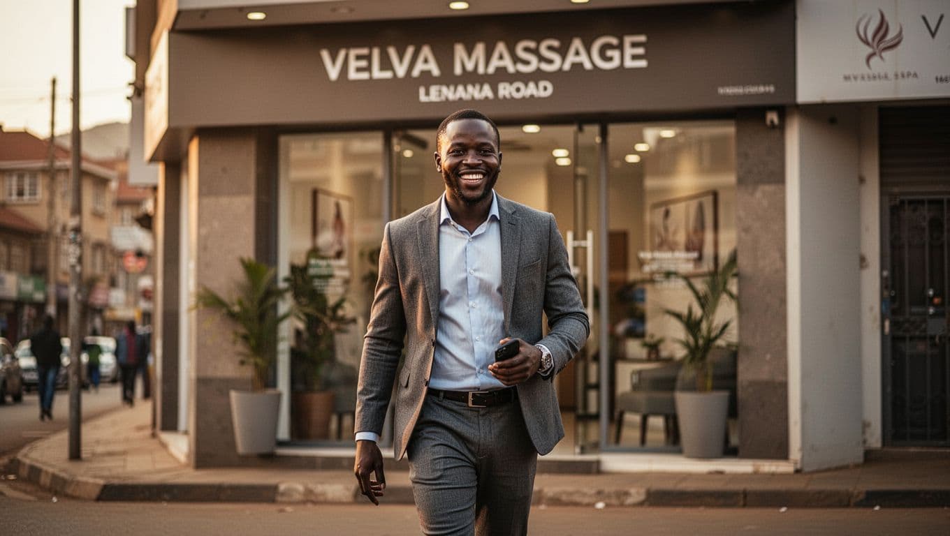 A relaxed, happy Kenyan man in business casual clothes walks out smiling from Velva Massage spa entrance on Lenana Road, Kilimani, Nairobi, with improved posture, loose shoulders, and phone in hand. Urban street scene with blurred modern facade, warm golden afternoon lighting, cinematic style with strong contrast and depth.