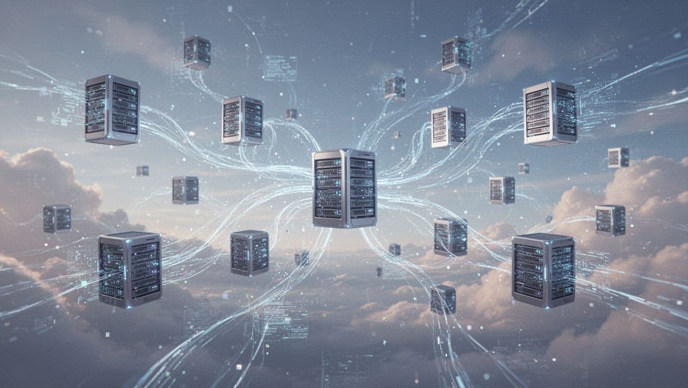Abstract representation of cloud hosting infrastructure with interconnected virtual servers as floating nodes and smooth data streams in ethereal blue and white gradients.