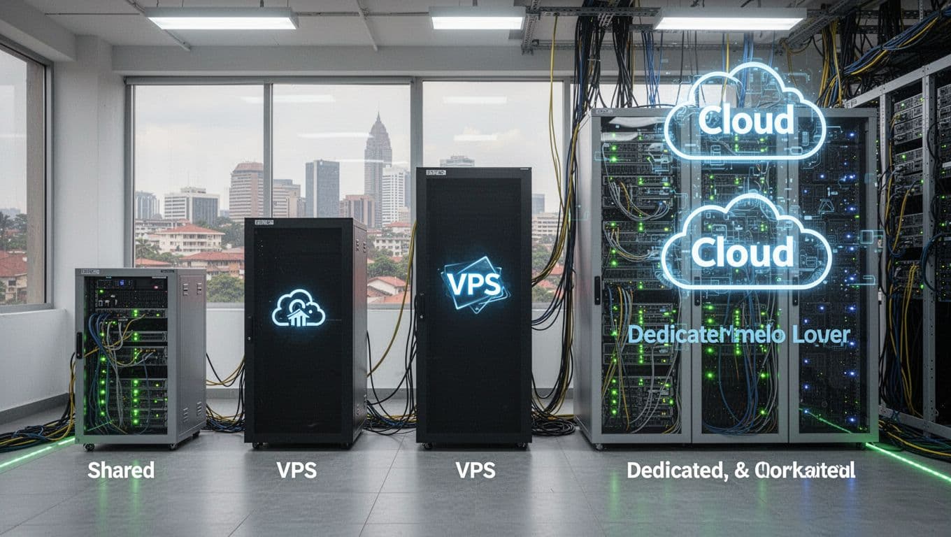 Visual progression from small shared server rack to VPS, dedicated, and cloud clusters in a modern Kenyan data center with subtle Nairobi skyline, efficient cabling, green lights, and high-tech atmosphere.