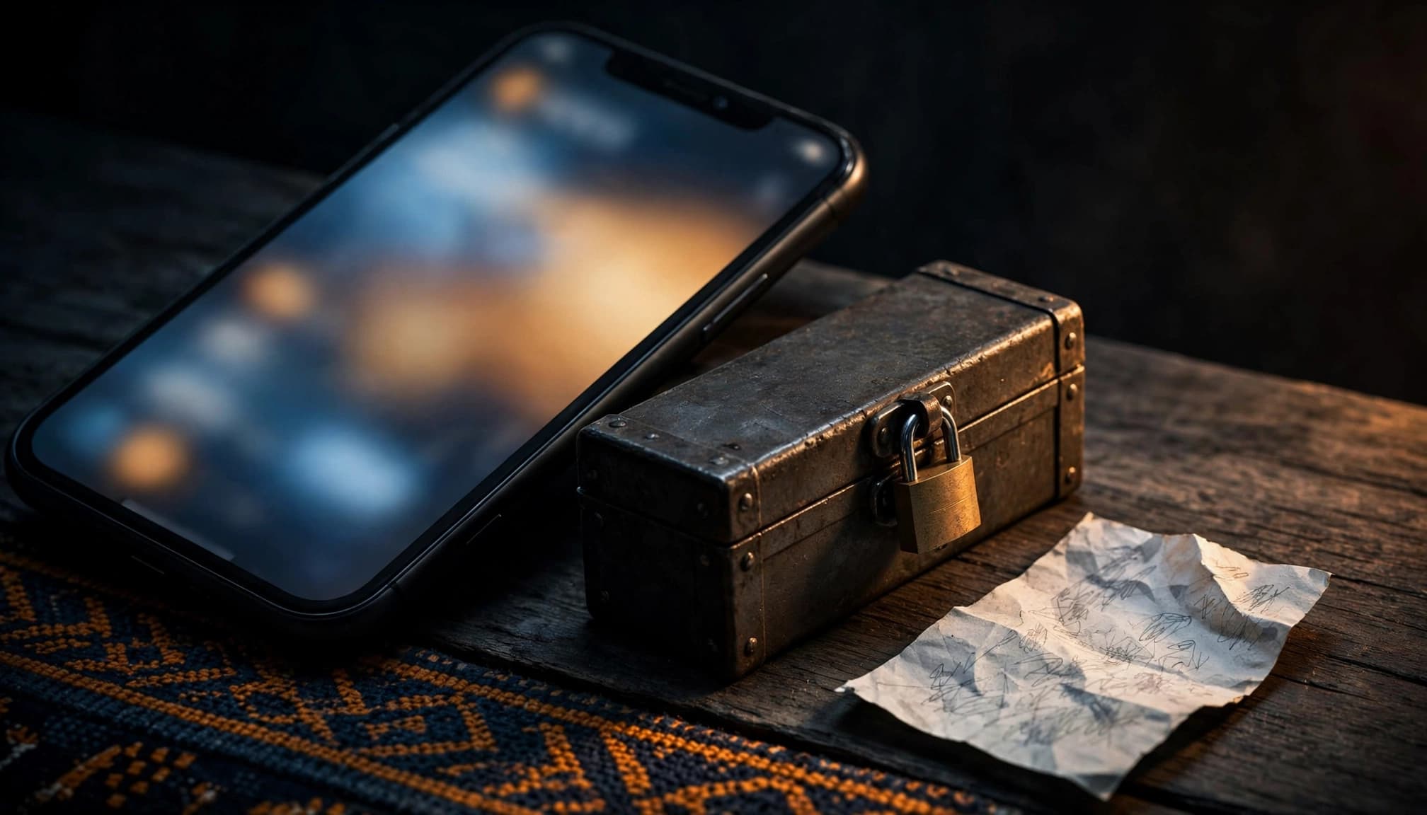 A smartphone, locked cash box, and paper slip on a dark shop counter.