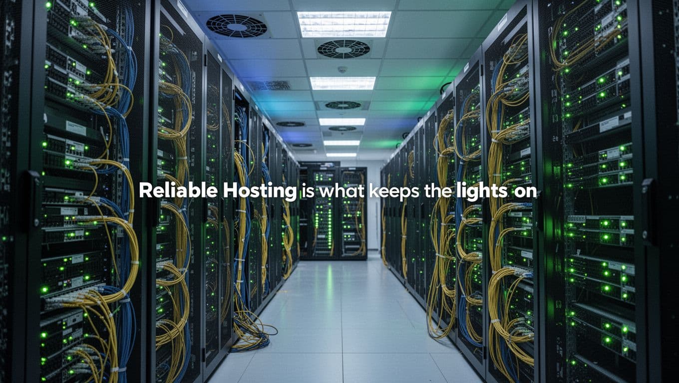 Realistic photograph of a secure modern data center interior featuring rows of server racks lit by green status lights, neatly bundled fiber optic cables, and efficient cooling systems in a high-tech atmosphere.