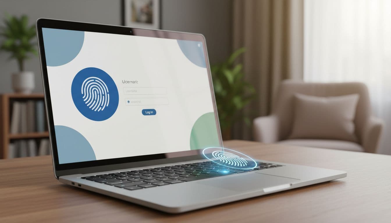 Secure SACCO member login portal on a laptop screen in a home setting, featuring a nearby biometric fingerprint icon, clean modern interface viewed at an angle with soft lighting. Exactly one laptop, no people, no text, no extra devices.