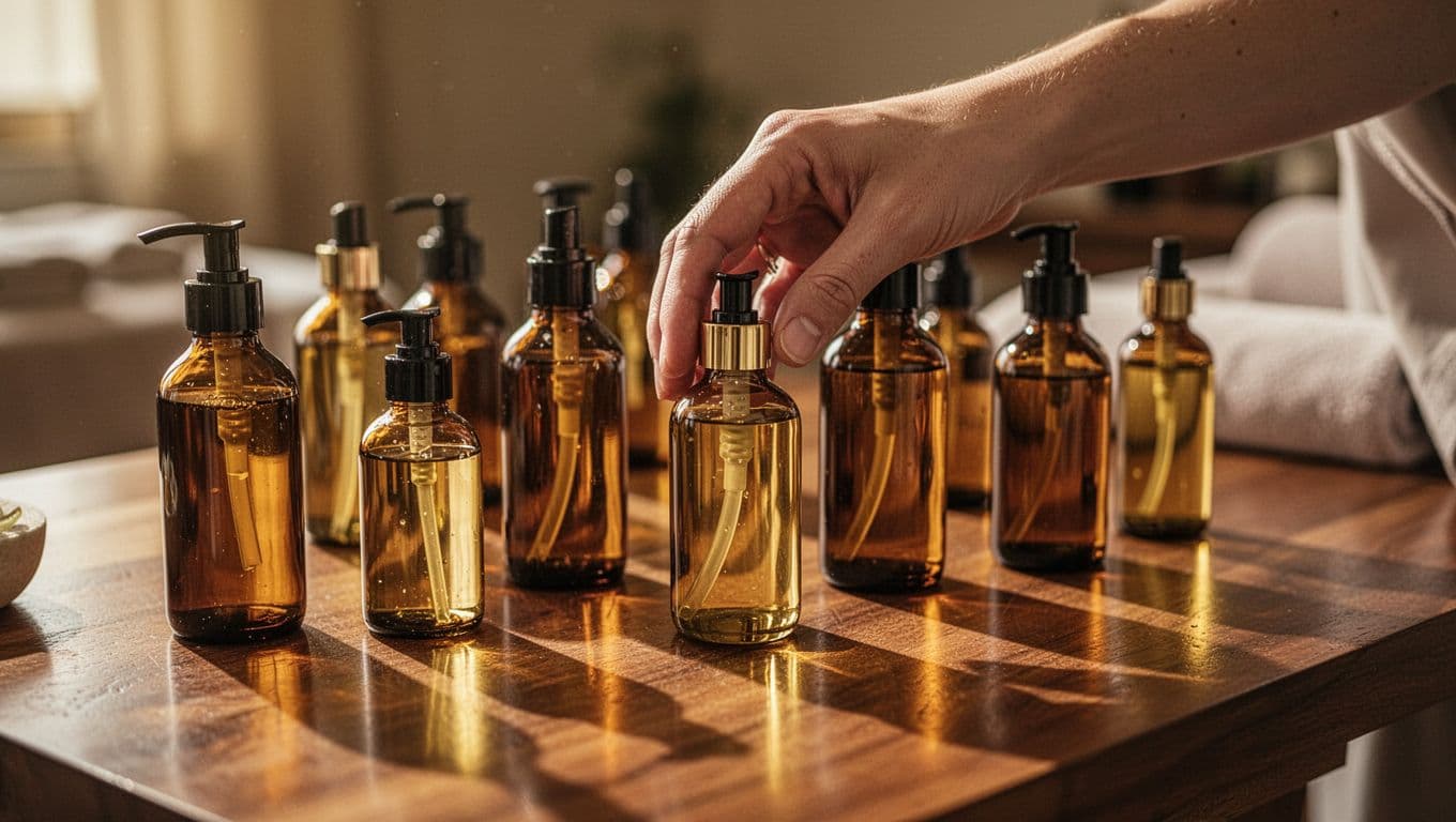 A person reaches toward a collection of amber glass bottles arranged on a textured wooden spa table. Warm golden light highlights the rich oil colors and the person's hand.