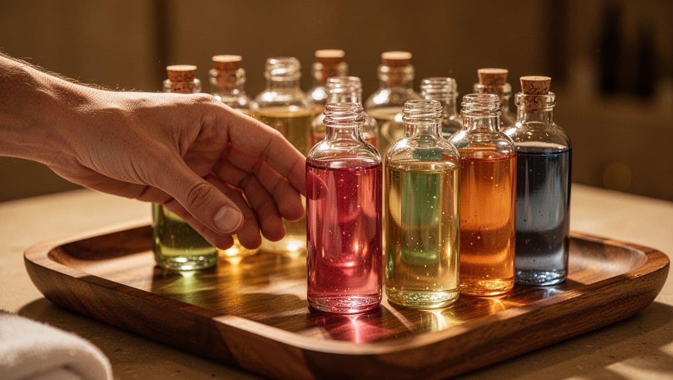 A person reaches toward a wooden tray displaying various glass bottles filled with aromatic massage oils. Soft, warm amber lighting highlights the textured surfaces and golden liquids within the containers.