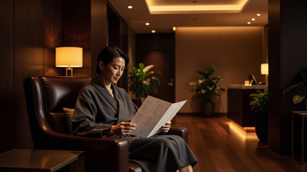 A person sits in a plush lounge chair while carefully examining a printed massage service menu. Warm, amber lighting highlights the relaxing spa environment, creating a tranquil atmosphere for decision making.