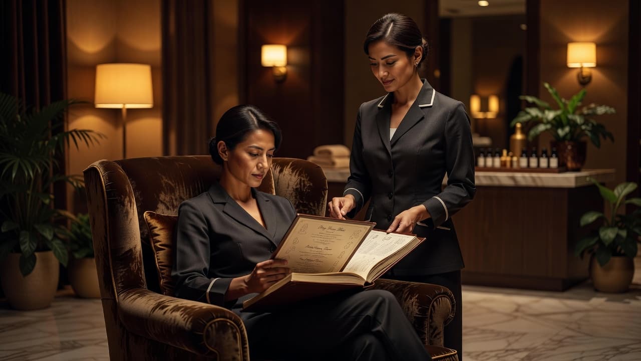 A guest sits in a plush spa chair reviewing a service menu while a friendly therapist gestures toward the options. Warm golden light fills the room with a calm atmosphere.