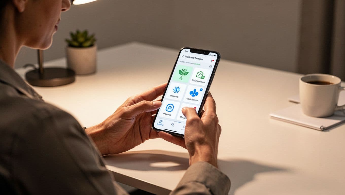 A focused individual sits at a minimalist desk, using a smartphone to research local wellness options. Warm ambient lighting illuminates the workspace, creating a calm and professional atmosphere for booking.
